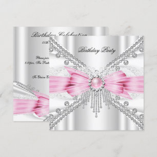 Elegant White Silver Pink Diamond Birthday Party Invitation