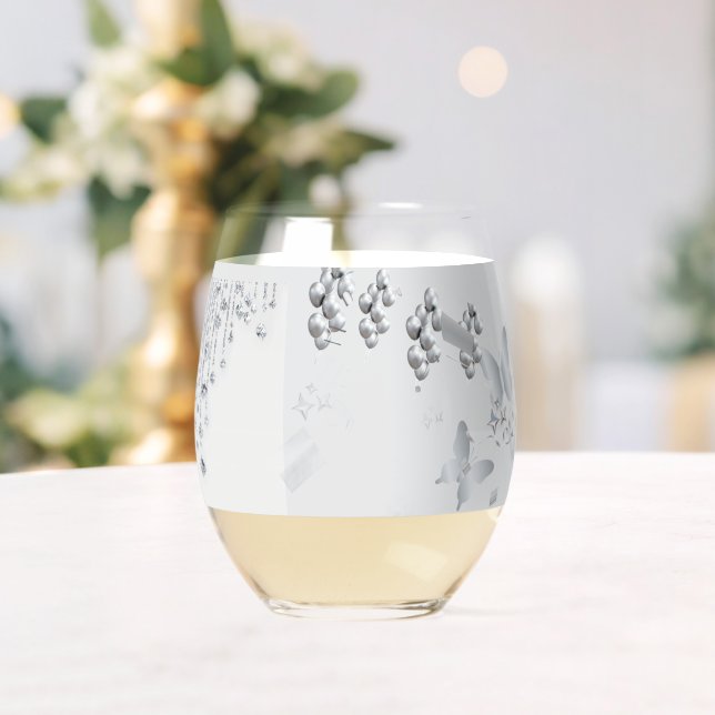 Elegant White & Silver Wedding Stemless Wine Glass (Insitu (Wedding))