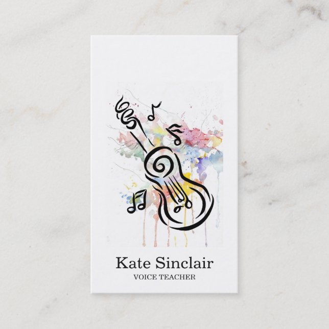 Elegant White Singer Music Guitar Teacher Musical Business Card (Front)