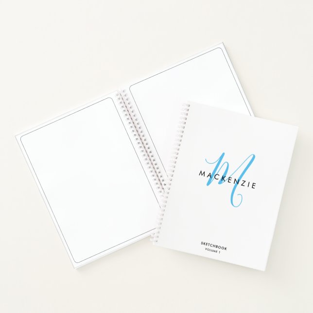 Elegant White Sky Blue Script Monogram Sketchbook Notebook (Inside)