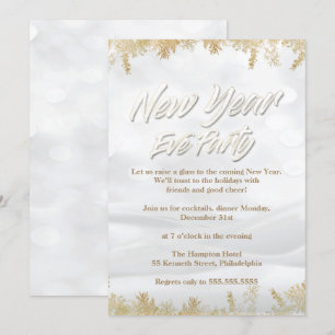 Elegant White Snow & Gold New Years Eve Party Invitation