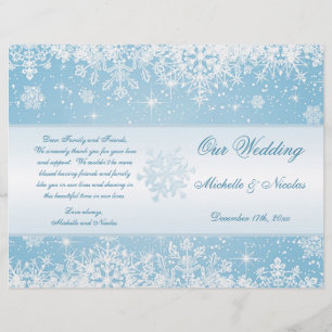 Elegant white snowflakes on blue  Wedding Program