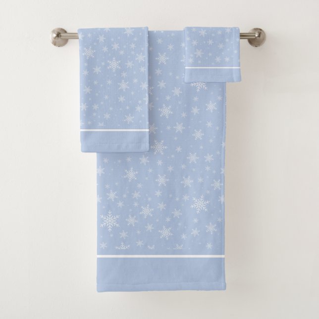 Elegant White Snowflakes on Light Blue Bath Towel Set (Insitu)