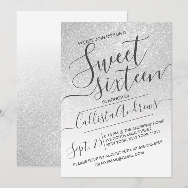 Elegant White Sparkly Glitter Ombre Sweet 16 Invitation (Front/Back)