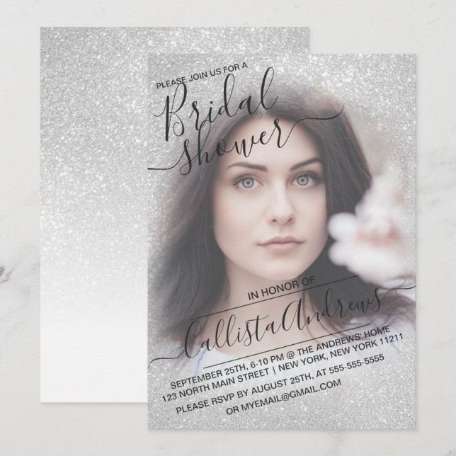 Elegant White Sparkly Glitter Photo Bridal Shower Invitation (Front/Back)