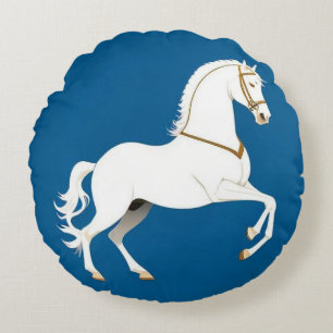 Elegant White Stallion Illustration on Round Pillow