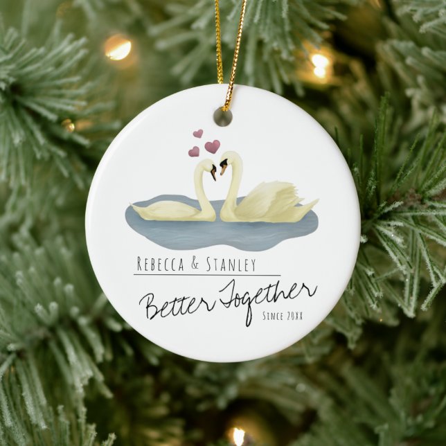 Elegant White Swan Couple Wedding Anniversary  Ceramic Ornament (Tree)