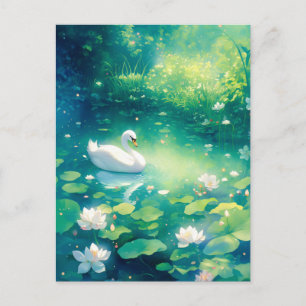 Elegant White Swan in Luminous Lily Pond Postcard