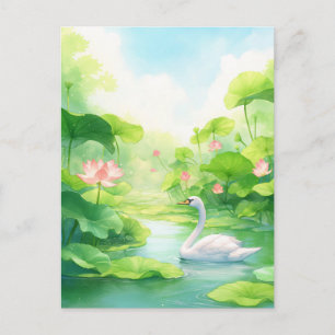 Elegant White Swan in Pink Lotus Pond Postcard