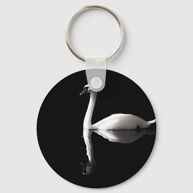 Elegant White Swan Reflection On Black Lake Keychain (Front)