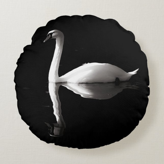Elegant White Swan Reflection On Black Lake Round Pillow (Front)
