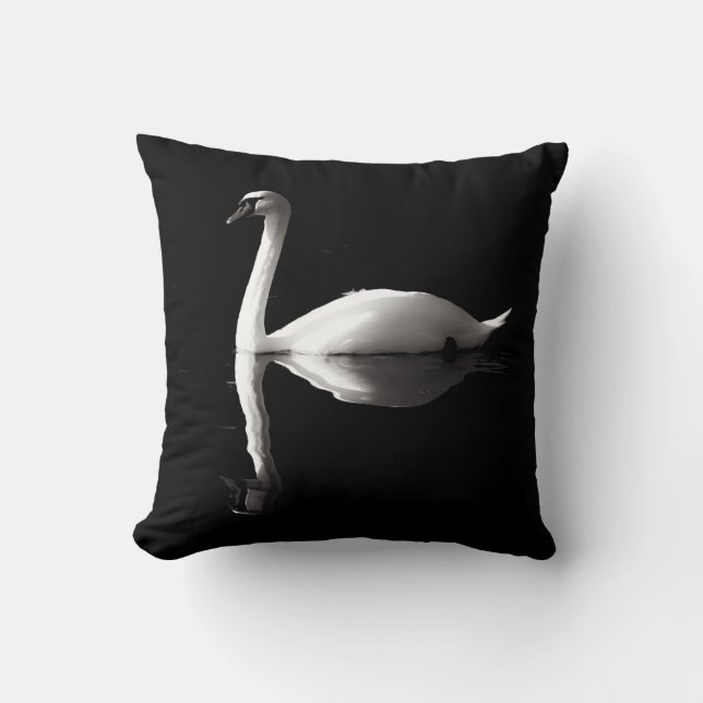 Elegant White Swan Reflection On Black Lake Throw Pillow (Front)