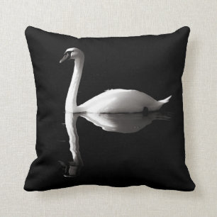 Elegant White Swan Reflection On Black Lake Throw Pillow