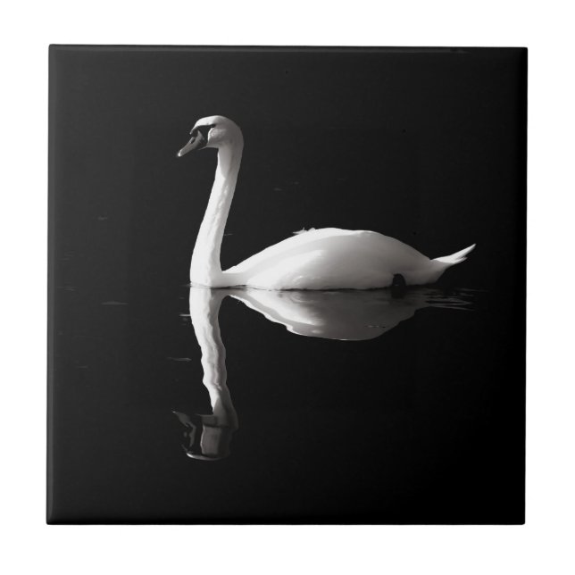 Elegant White Swan Reflection On Black Lake Tile (Front)