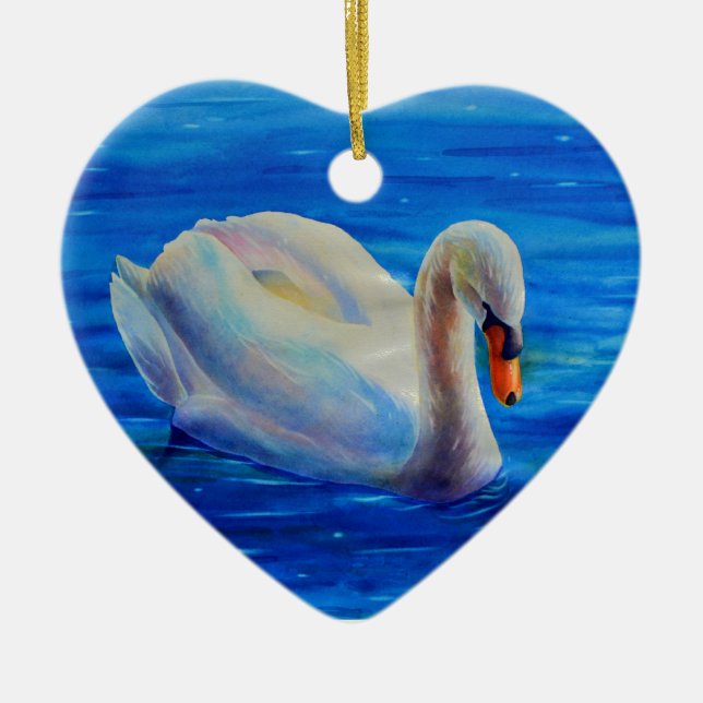 Elegant white swan watercolor painting ceramic ornament (Front)