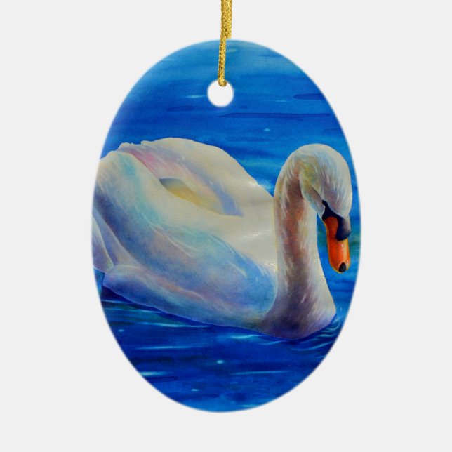 Elegant white swan watercolor painting ceramic ornament (Front)