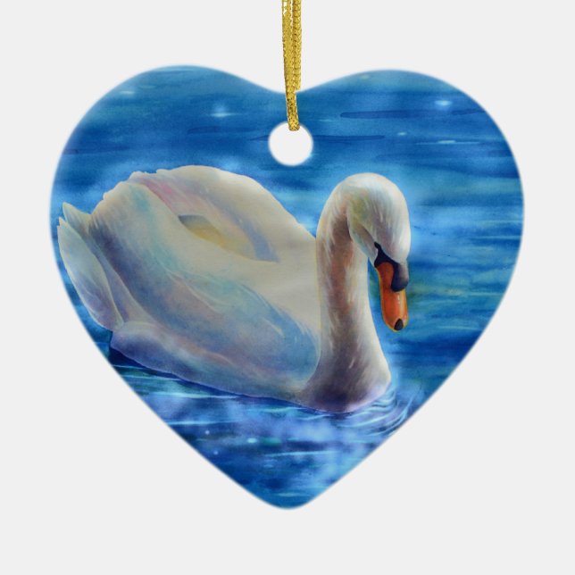 Elegant white swan watercolor painting ceramic ornament (Front)