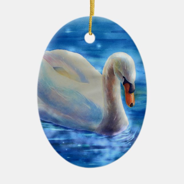 Elegant white swan watercolor painting ceramic ornament (Front)