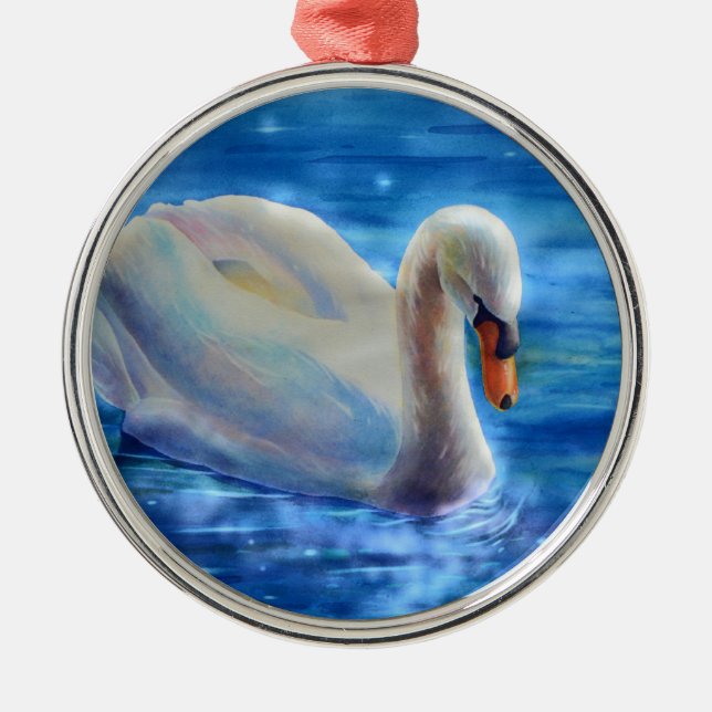Elegant white swan watercolor painting metal ornament (Front)