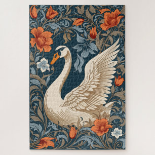 Elegant White Swan William Morris Inspired Floral Jigsaw Puzzle
