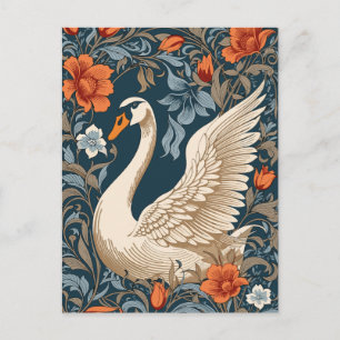 Elegant White Swan William Morris Inspired Floral Postcard