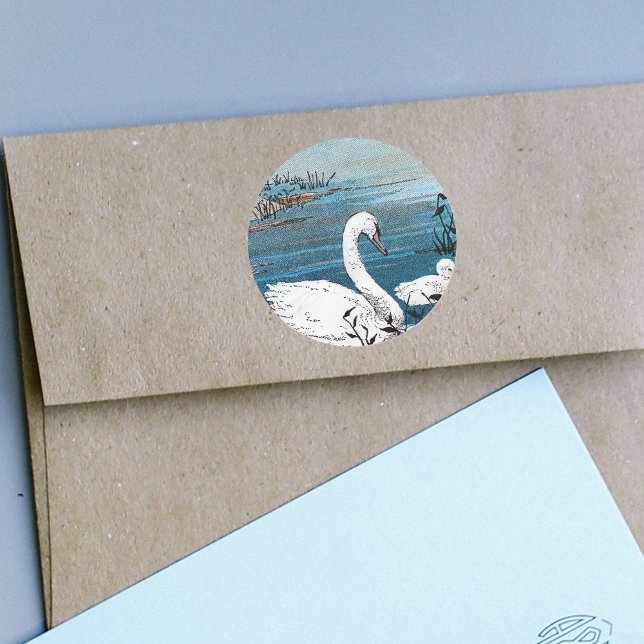 Elegant White Swan With Baby Classic Round Sticker (Beautiful white swan with baby in blue lake on round stickers.)