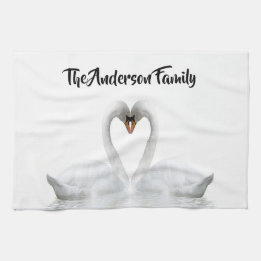 Elegant white swans family name script kitchen towel