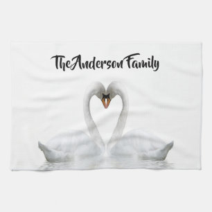 Elegant white swans family name script kitchen towel