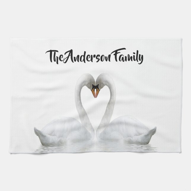 Elegant white swans family name script kitchen towel (Horizontal)