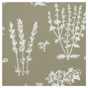 Elegant White Taupe Herbal Garden Pattern Fabric