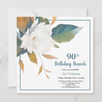 Elegant White Teal Floral 90th Birthday Party
