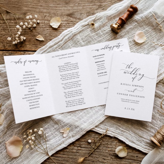 Elegant White Tri-fold Wedding Program Booklet Programme (Elegant tri-fold 5x7 wedding program in black and white script)