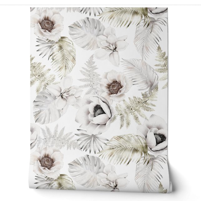 Elegant White Tropical Florals Palm Leaves Wallpaper (Unrolling)