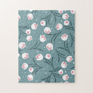Elegant White Tulips on Pastel Green Pattern Jigsaw Puzzle