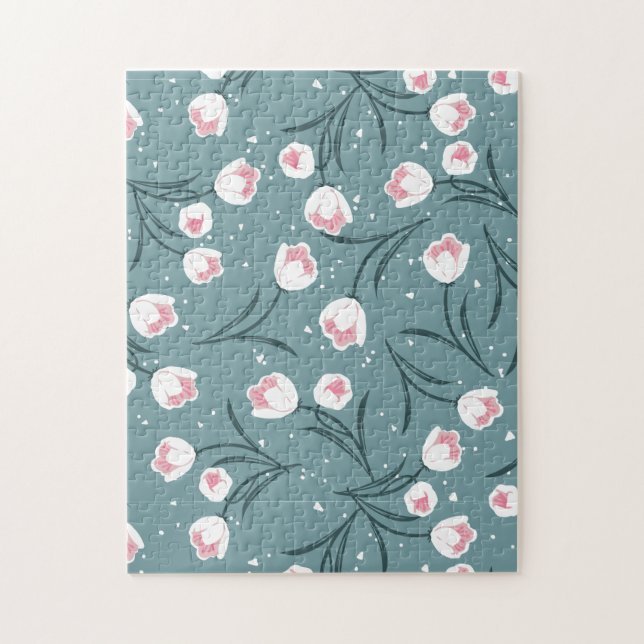 Elegant White Tulips on Pastel Green Pattern Jigsaw Puzzle (Vertical)