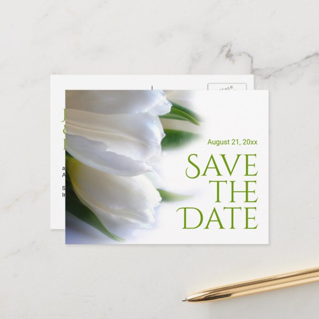 Elegant White Tulips Save the Date Announcement Postcard (Front/Back In Situ)