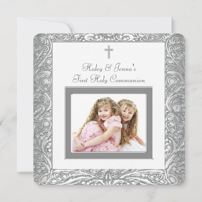 Elegant White Twin First Communion Invitation (Front)