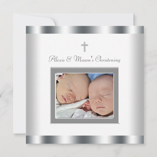 Elégant White Twins Photo Christening Invitations (Devant)
