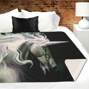 Elegant White Unicorn Flowing Mane Purple Fantasy Sherpa Blanket