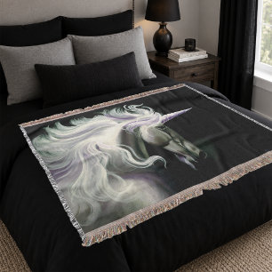 Elegant White Unicorn Flowing Mane Purple Fantasy Throw Blanket