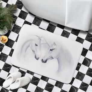 Elegant White Unicorns Couple Fantasy Romantic  Bath Mat