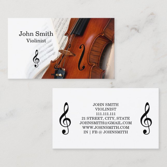 Elegant White Violin Violinist Business Card (Front/Back)