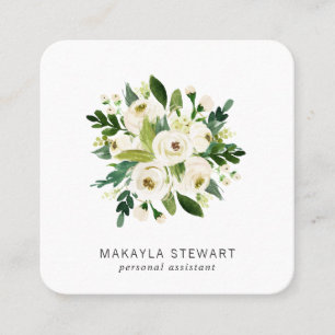 Elegant White Watercolor Floral Bouquet Square Business Card