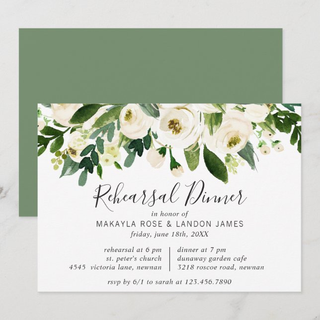 Elegant White Watercolor Floral Rehearsal Dinner Invitation (Front/Back)