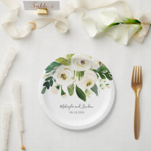 Elegant White Watercolor Floral Wedding Paper Plate