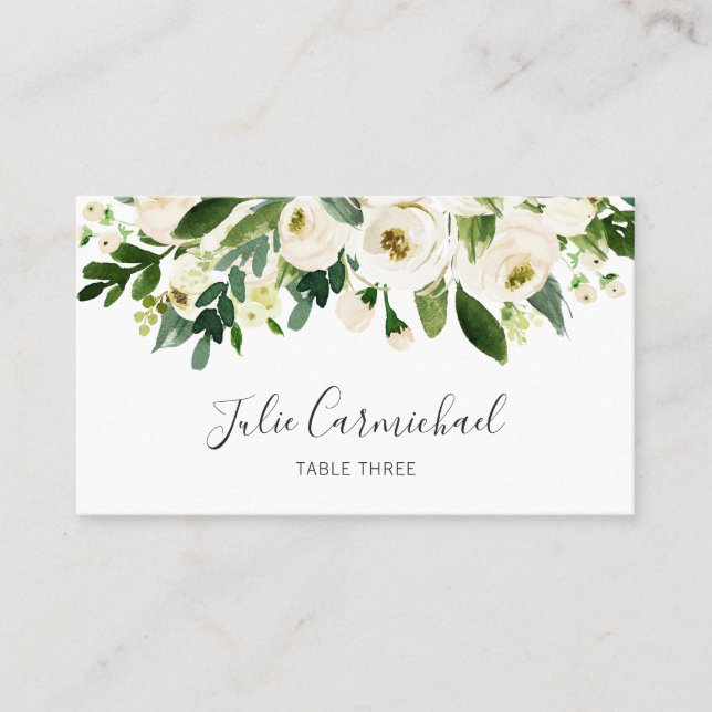 Elegant White Watercolor Floral Wedding Place Card (Front)