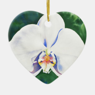 Elegant white watercolor orchid painting ceramic ornament