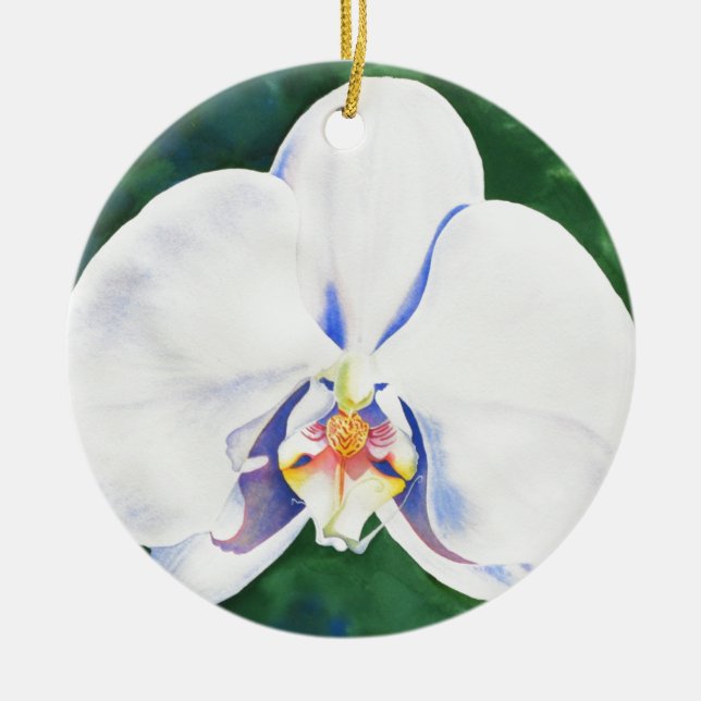 Elegant white watercolor orchid painting ceramic ornament (Front)