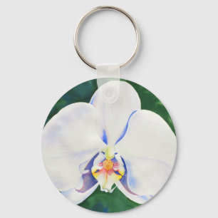 Elegant white watercolor orchid painting keychain
