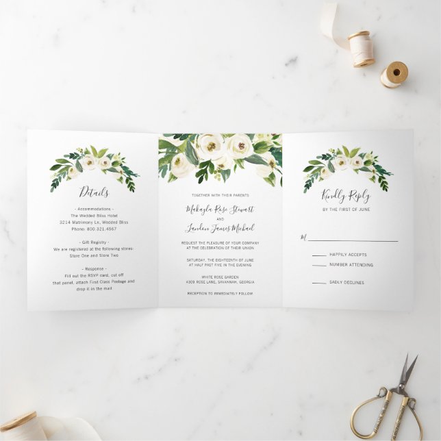 Elegant White Watercolor Roses Greenery Wedding Tri-Fold Invitation (Inside)